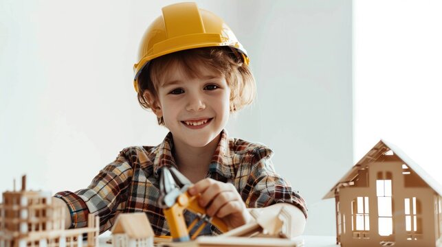 Smiling child in a yellow hard hat playing with wooden building models and a toy hammer, simulating construction work.