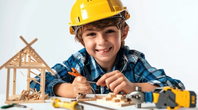 A smiling child with a safety helmet building a wooden house model, surrounded by tools and construction materials.