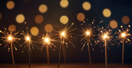 Sparkling sparklers on a bokeh background with copy space. New year celebration, independence day, holiday backdrop - obrazy, fototapety, plakaty