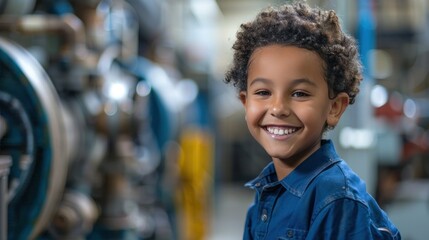 A young boy with curly hair, smiling in a workshop setting, wearing a blue shirt—a moment of joyful curiosity. - obrazy, fototapety, plakaty