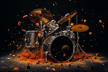 Fototapeta na wymiar A drum set is shown with a lot of debris and dust