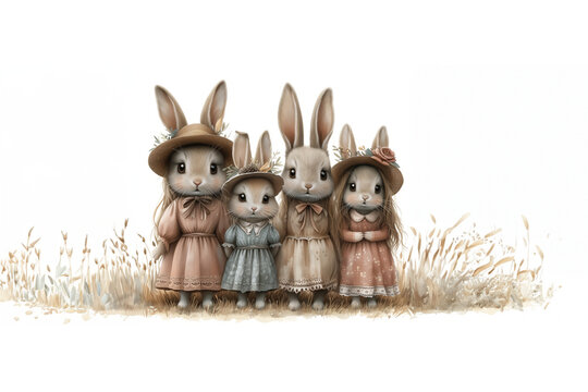 anthropomorphisme, 4 lapines habillées comme des enfants avec des robes et  des chapeaux en osier dans un champs. Symboles de Pâques et du printemps. Style aquarelle illustrations pour enfants