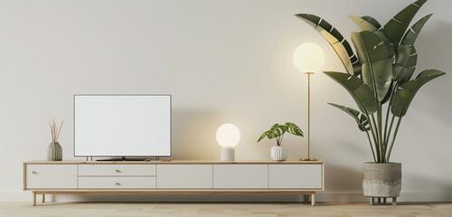 A contemporary TV cabinet featuring a TV mockup with a white screen, accompanied by a tall leafy plant in a pot and a minimalist lamp, against a white wall background