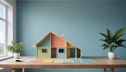 Maquette maison, palette de couleurs et matériaux pour la décoration intérieure -  IA générative - obrazy, fototapety, plakaty