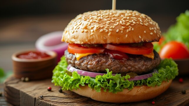 A close up of a hamburger with lettuce, tomato and cheese, AI