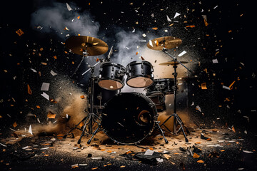 A drum set is shown with a lot of debris and dust