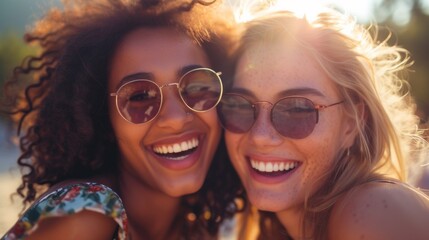 Two women with sunglasses smiling at each other in a picture, AI