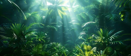 Fototapeta premium Lush tropical rainforest with diverse plant species complete ecosystems fertile areas. Concept Tropical Rainforest, Plant Diversity, Ecosystems, Fertile Areas, Biodiversity