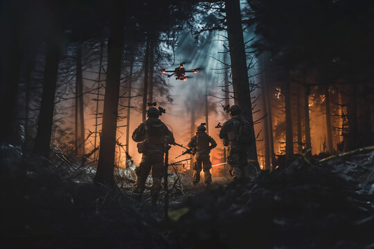 soldats de dos, dans une for&ecirc;t en feu utilisant des drones de combat pour d&eacute;tecter l'ennemi ou attaquer une cible. 