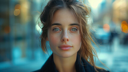Naklejka premium Portrait of a beautiful young woman in the city at sunset