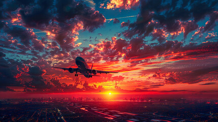Airplane in the sky over the city at sunset - obrazy, fototapety, plakaty