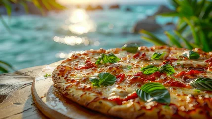 Foto op Plexiglas Pizza with mozzarella cheese, tomatoes and basil on a wooden board on the background of the sea © Aliaksandra