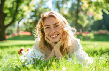 A beautiful woman in her thirties with blonde hair and red nails, wearing white shirt is lying on the green grass smiling - Powered by Adobe