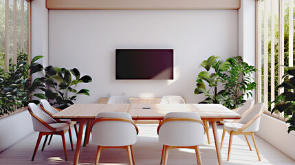 Portrait of modern rustic meeting room with blank monitor lcd screen. Comfortable and cozy office room, ornamental plants, wooden chair furniture, aesthetic workspace decoration. Generative AI