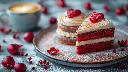 Delicious chocolate cake with raspberries and coffee on grey background