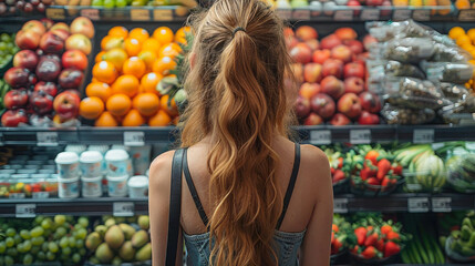 portrait of a beautiful young woman in a supermarket with fruits