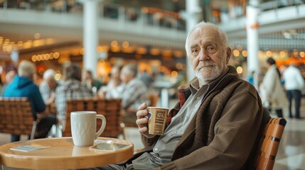 Elderly man with a thoughtful expression holding a coffee mug, sitting at a cafe with people in the background.