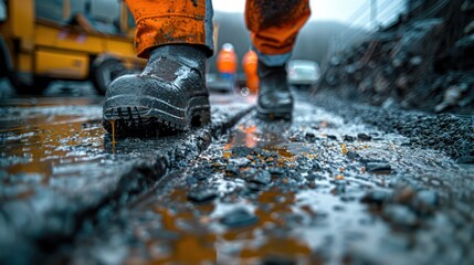 A person in orange boots is walking on a wet road. The road is covered in mud and the person's...