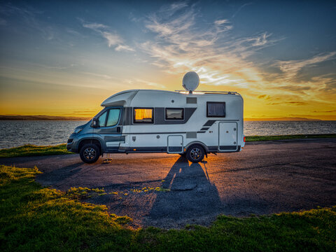Motorhome at Loch Ryan during Sunset