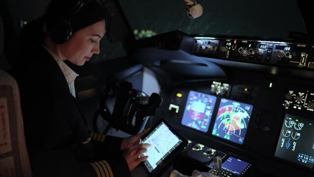 A female pilot prepares for departure in rainy weather