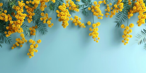 Obraz premium yellow mimosa flowers on light blue background, spring flower