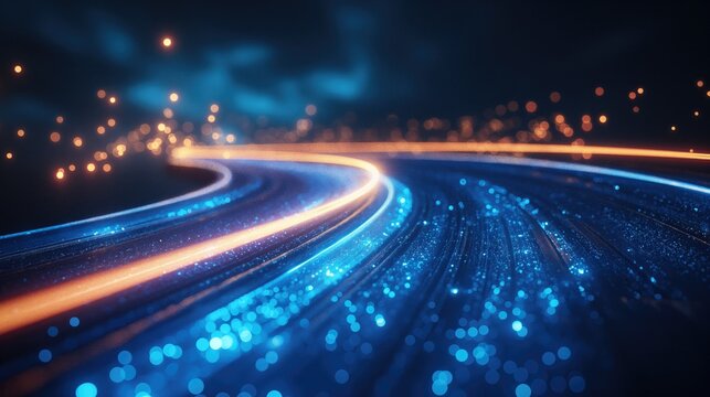 Computer generated image of swirling blue lights of road in space