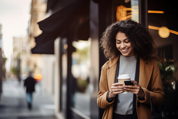 jeune femme métisse afro, sortant d'un bar avec un gobelet de café à la main dans la rue, et répondant en même temps au téléphone. Femme souriante