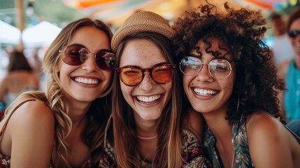 Three women are smiling and wearing sunglasses at a party, AI