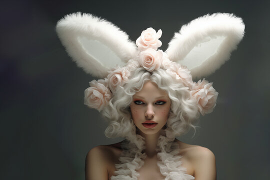 P&acirc;ques coquines et sexy, fa&ccedil;on magasines porno et &eacute;rotiques pour adultes, une femme en tenue de Lapin de P&acirc;ques avec de grandes oreilles blanches une perruque blanche &agrave; fleurs et top en tulle blanc