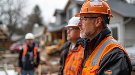 Three engineer men in orange safety vests stand in front of a house under construction
