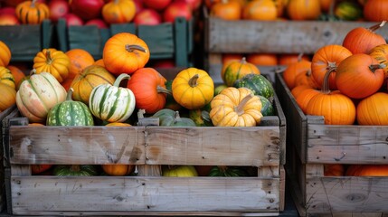 A crate full of pumpkins and apples, a staple of local food and natural produce
