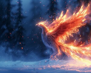 Phoenix reimagined with icy wings and feathers, a cold fire ,high resulution,clean sharp focus - obrazy, fototapety, plakaty