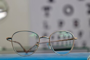 Glasses on table in optical store 