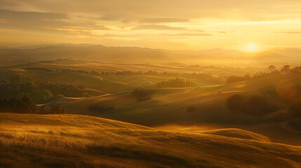 A panoramic vista of rolling hills bathed in the golden light of dawn, stretching to the distant...