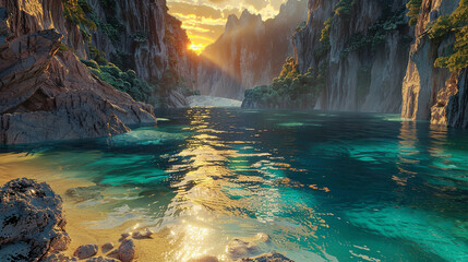 A secluded lagoon surrounded by towering cliffs, with the tranquil waters reflecting the fiery colors of sunset.