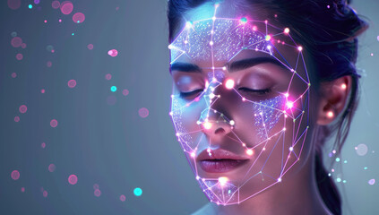An elegant woman with closed eyes, her face illuminated in the style of futuristic LED lights that highlight symmetrical lines and facial features on one side