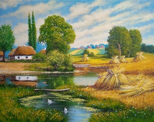 Oil paintings rustic landscape, fine art, old house on the river.  Summer rural landscape, old village, sheaves of wheat on the river bank, reflection in the water. - 777371921