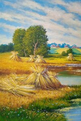 Oil paintings rustic landscape, fine art, old house on the river.  Summer rural landscape, old village, sheaves of wheat on the river bank, reflection in the water. - 777371922