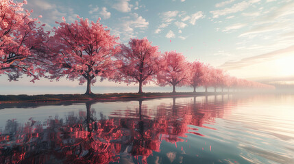 Naklejka na ściany i meble Spring cherry blossoms illuminate the waterside