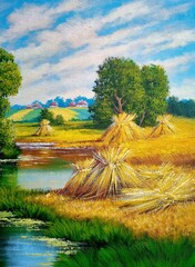 Oil paintings rustic landscape, fine art, old house on the river.  Summer rural landscape, old village, sheaves of wheat on the river bank, reflection in the water. - 777371955