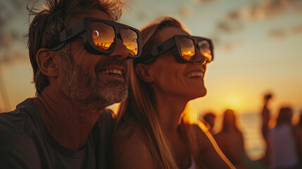 a couple watching solar eclipse through safe solar viewing glasses outdoors in the park