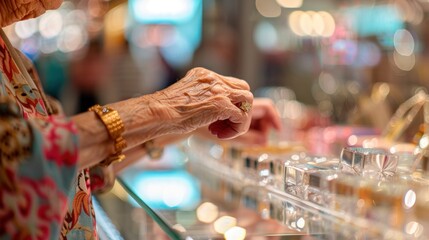 Fototapeta premium An elderly person's hand with a wristwatch selecting items from a glass display case, possibly at a jewelry or makeup store.