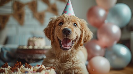 A dog is sitting in front of a birthday cake with a party hat on its head