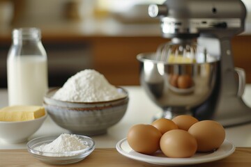 Picture from ingredients for the cake, eggs, flour, milk, butter. Background setting is a kitchen.