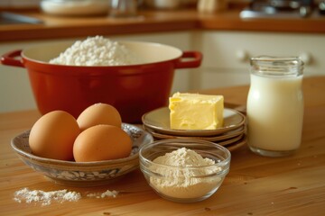 Picture from ingredients for the cake, eggs, flour, milk, butter. Background setting is a kitchen.