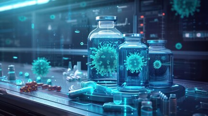 the conceptual illustration of a medical laboratory scene with virus models and drug compounds in a futuristic design