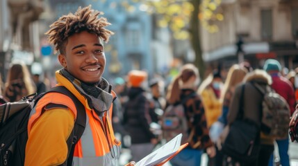 A man with a backpack and orange jacket standing in the middle of people, AI