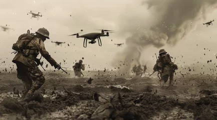 Foto op Plexiglas soldiers in the mud, fighting an army of drones flying overhead © Kien