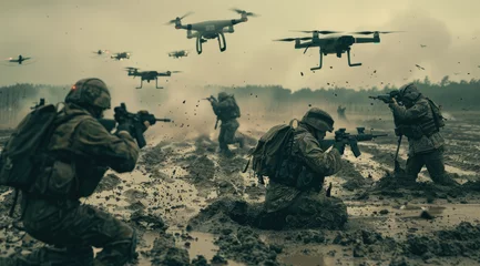 Fotobehang soldiers in the mud, fighting an army of drones flying overhead © Kien