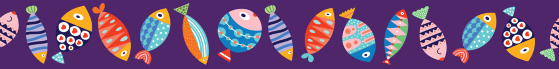 Vector seamless horizontal border with fish. Cute kids
illustration. - 777373504